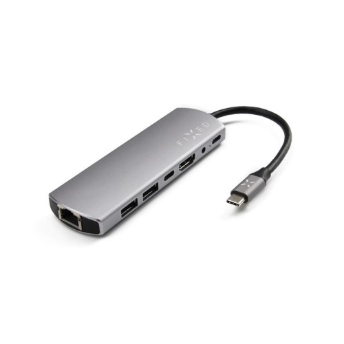 HUB Multiport Fixed 7in1, Aluminiu, USB-C PD 100W, USB-A 3.2, Jack 3.5mm, HDMI 4K, USB-C 3.2, Ethernet RJ-45